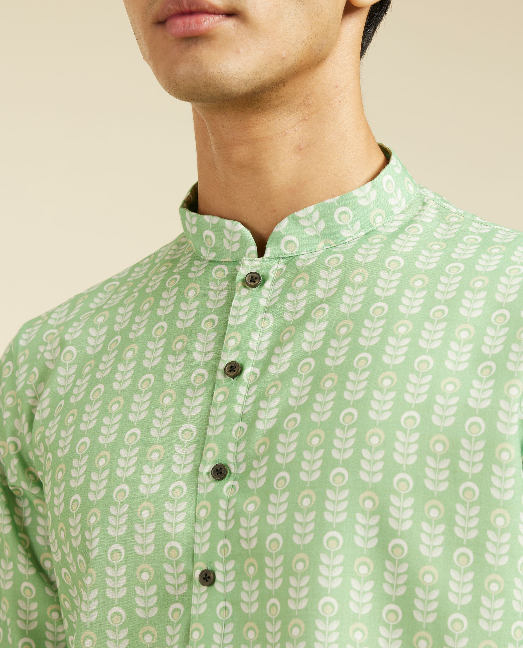 Diwas Men Soft Green Fern Printed Kurta