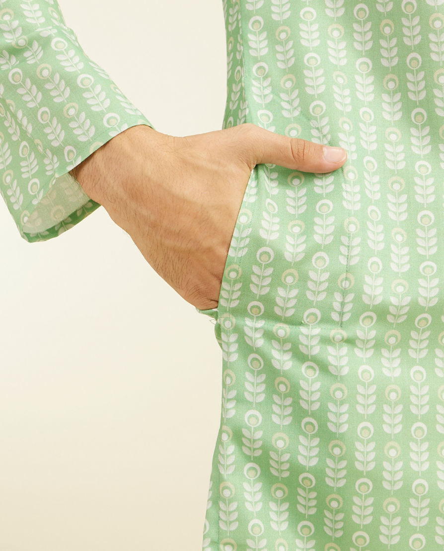 Diwas Men Soft Green Fern Printed Kurta
