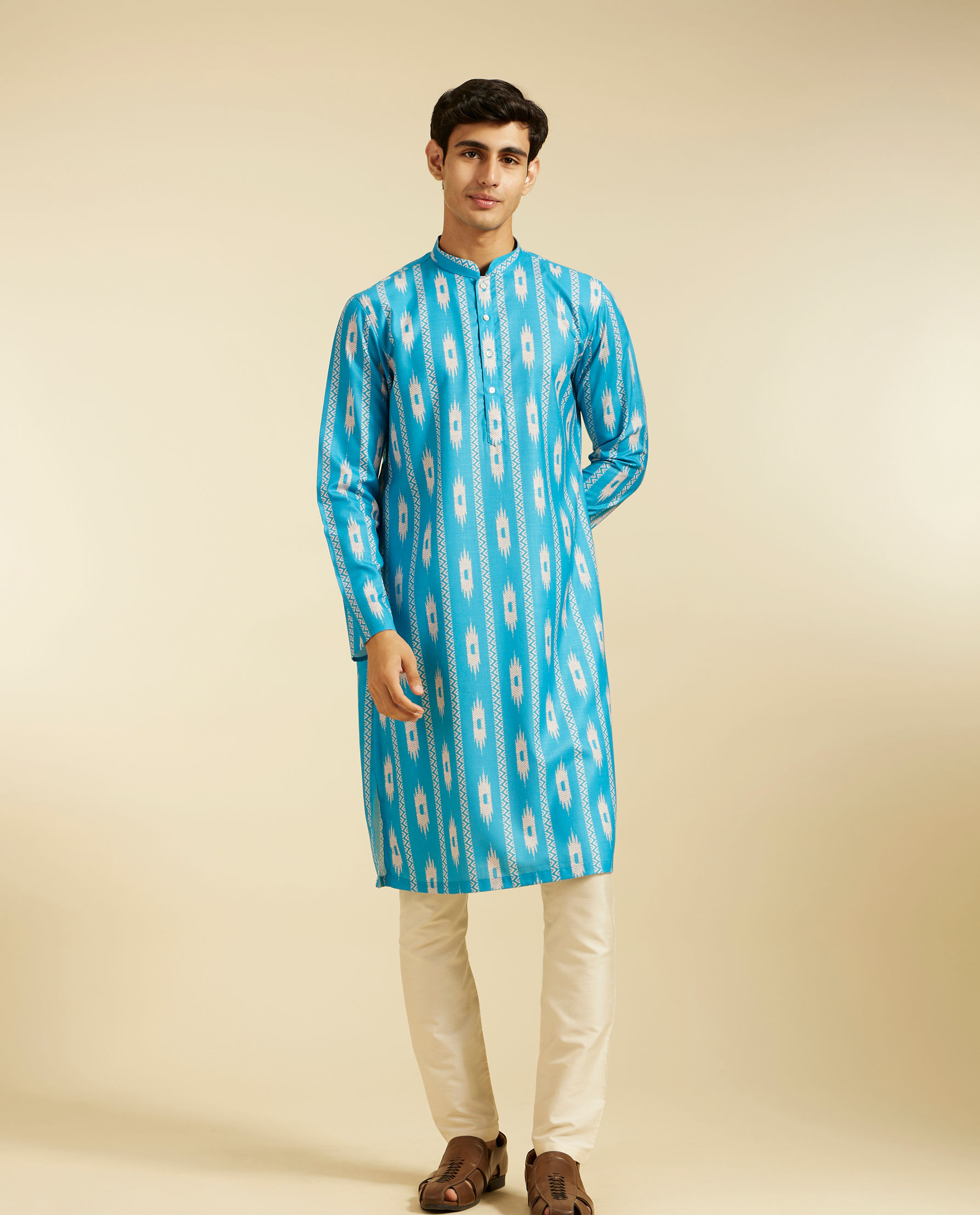 Diwas Men Turquoise Blue Ikat Inspired Patterned Kurta