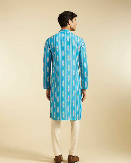 Diwas Men Turquoise Blue Ikat Inspired Patterned Kurta