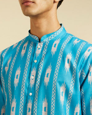 Diwas Men Turquoise Blue Ikat Inspired Patterned Kurta