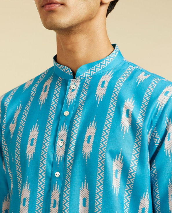 alt message - Diwas Men Turquoise Blue Ikat Inspired Patterned Kurta image number 1