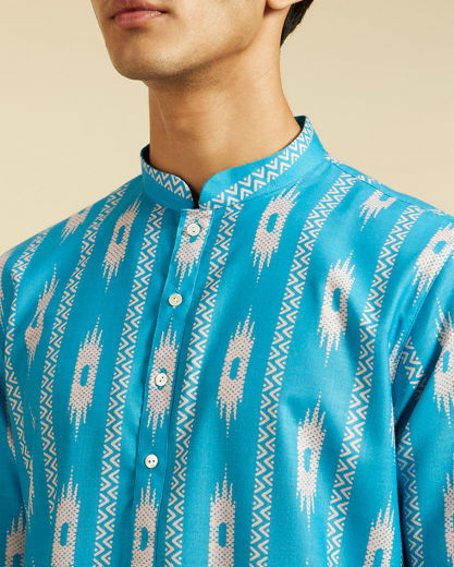 Diwas Men Turquoise Blue Ikat Inspired Patterned Kurta