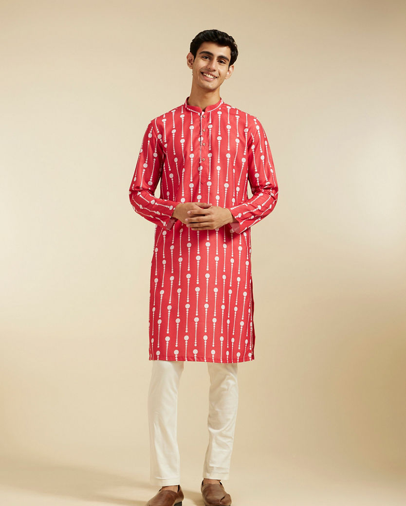 alt message - Diwas Men Poppy Red Modish Dotted Printed Kurta image number 2