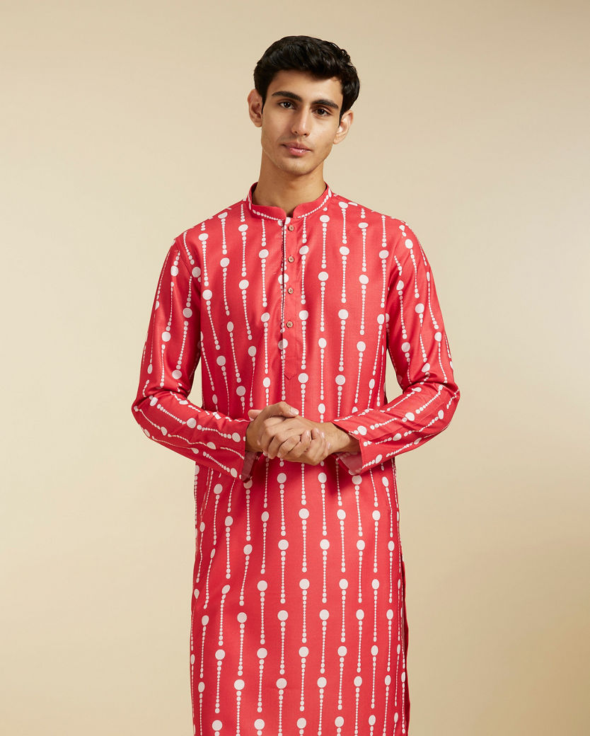 alt message - Diwas Men Poppy Red Modish Dotted Printed Kurta image number 0