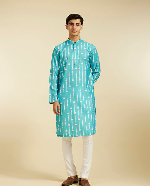 alt message - Diwas Men Turquoise Blue Modish Dotted Printed Kurta image number 2