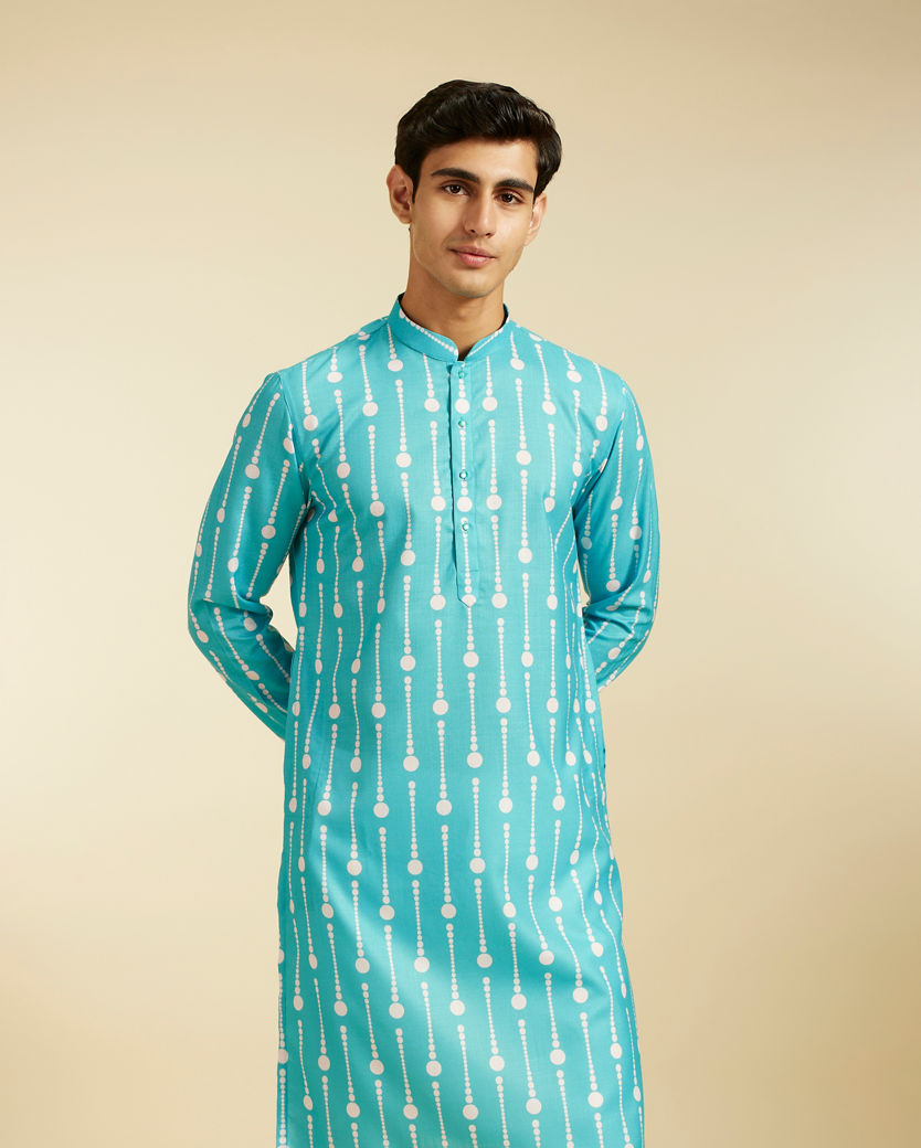 alt message - Diwas Men Turquoise Blue Modish Dotted Printed Kurta image number 0