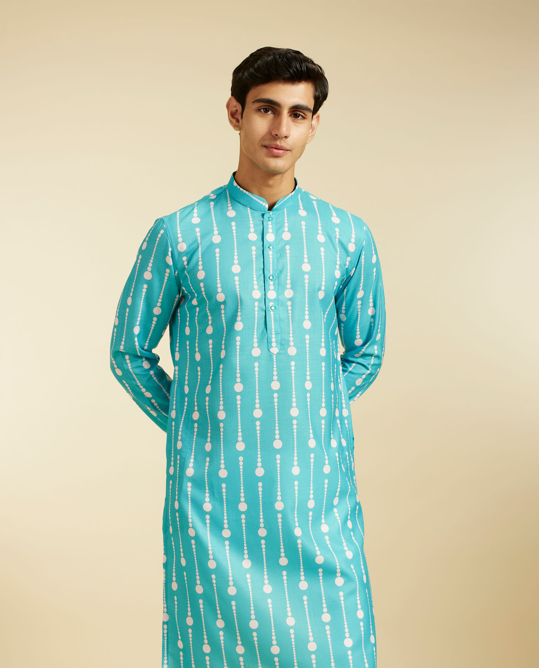 alt message - Diwas Men Turquoise Blue Modish Dotted Printed Kurta image number 0