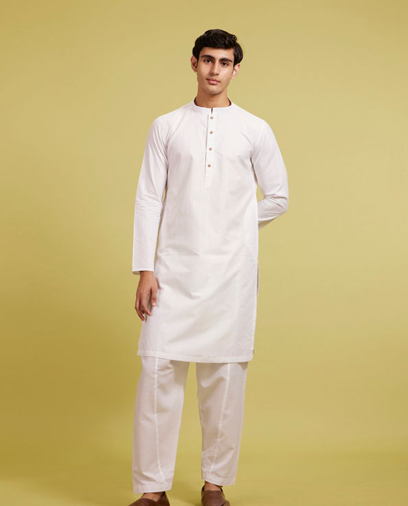 Diwas Men Ice White Linear Self Striped Kurta