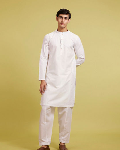 Diwas Men Ice White Linear Self Striped Kurta