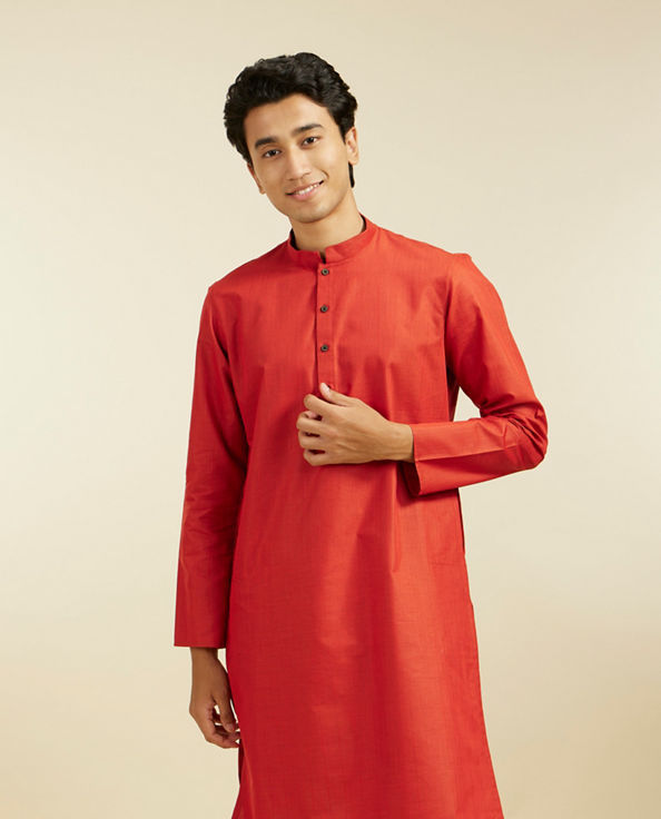 alt message - Diwas Men Scarlet Red Linear Self Striped Kurta image number 0