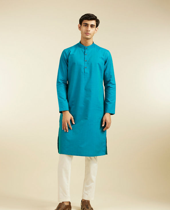 alt message - Diwas Men Turquoise Blue Linear Self Striped Kurta image number 2