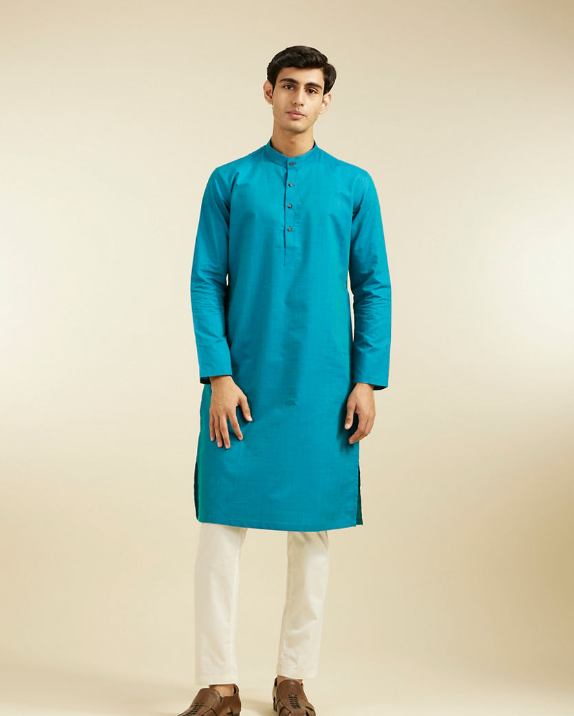 alt message - Diwas Men Turquoise Blue Linear Self Striped Kurta image number 2