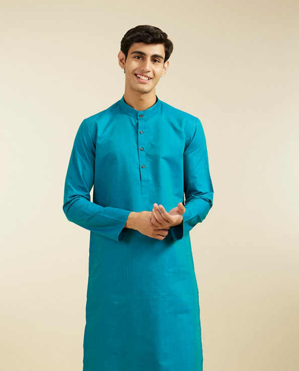 Diwas Men Turquoise Blue Linear Self Striped Kurta