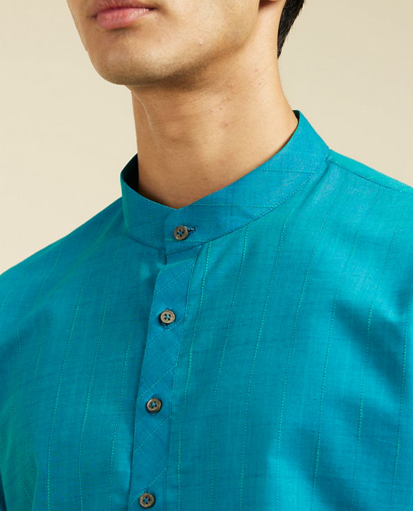 Diwas Men Turquoise Blue Linear Self Striped Kurta