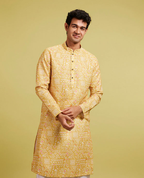 Diwas Men Mustard Yellow Aztec Printed Kurta