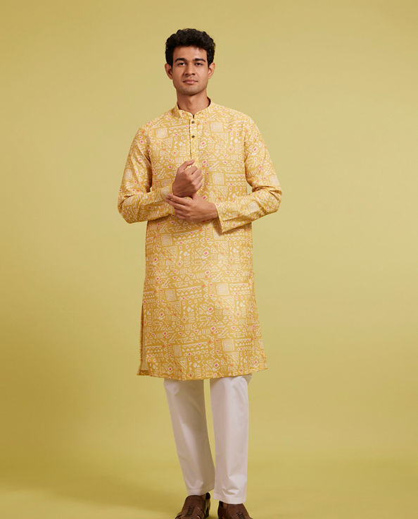 Diwas Men Mustard Yellow Aztec Printed Kurta