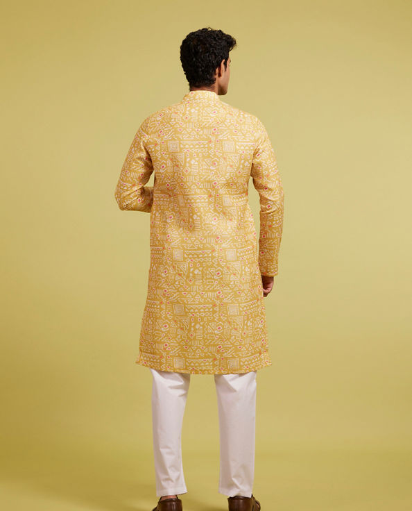 Diwas Men Mustard Yellow Aztec Printed Kurta