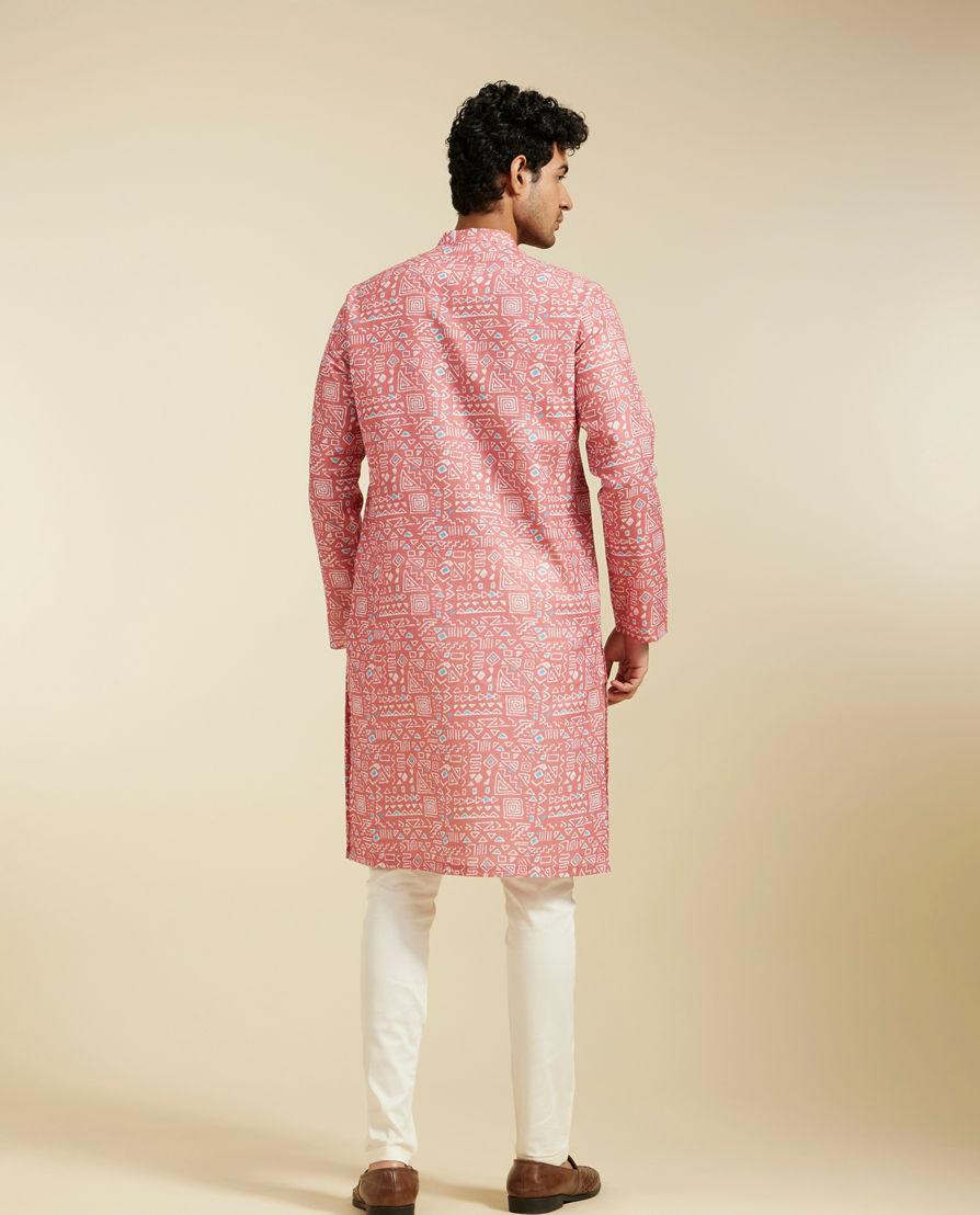 Diwas Men Coral Peach Aztec Printed Kurta
