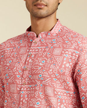 Diwas Men Coral Peach Aztec Printed Kurta