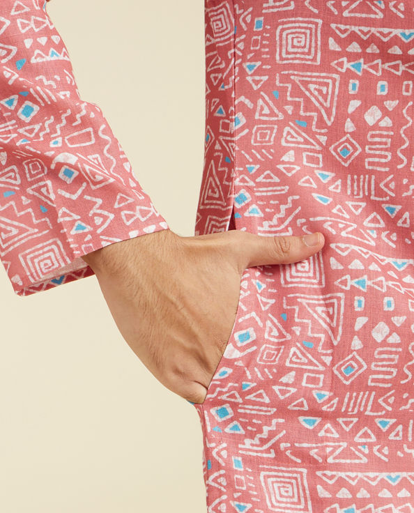 Diwas Men Coral Peach Aztec Printed Kurta