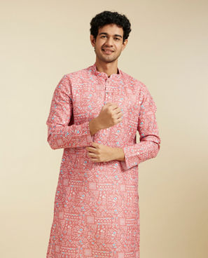 Diwas Men Coral Peach Aztec Printed Kurta