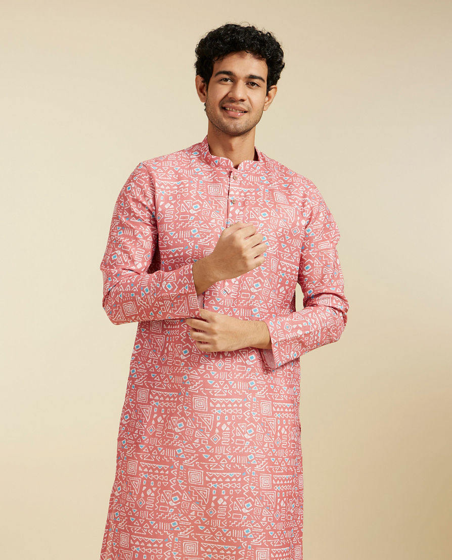 Diwas Men Coral Peach Aztec Printed Kurta