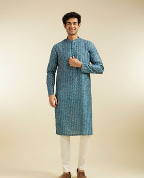 Diwas Men Teal Green Chevron Printed Kurta