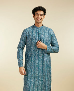 Diwas Men Teal Green Chevron Printed Kurta