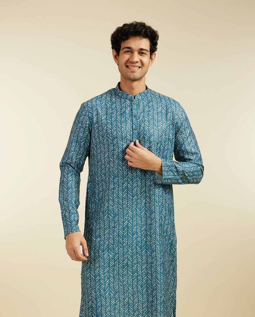 Diwas Men Teal Green Chevron Printed Kurta