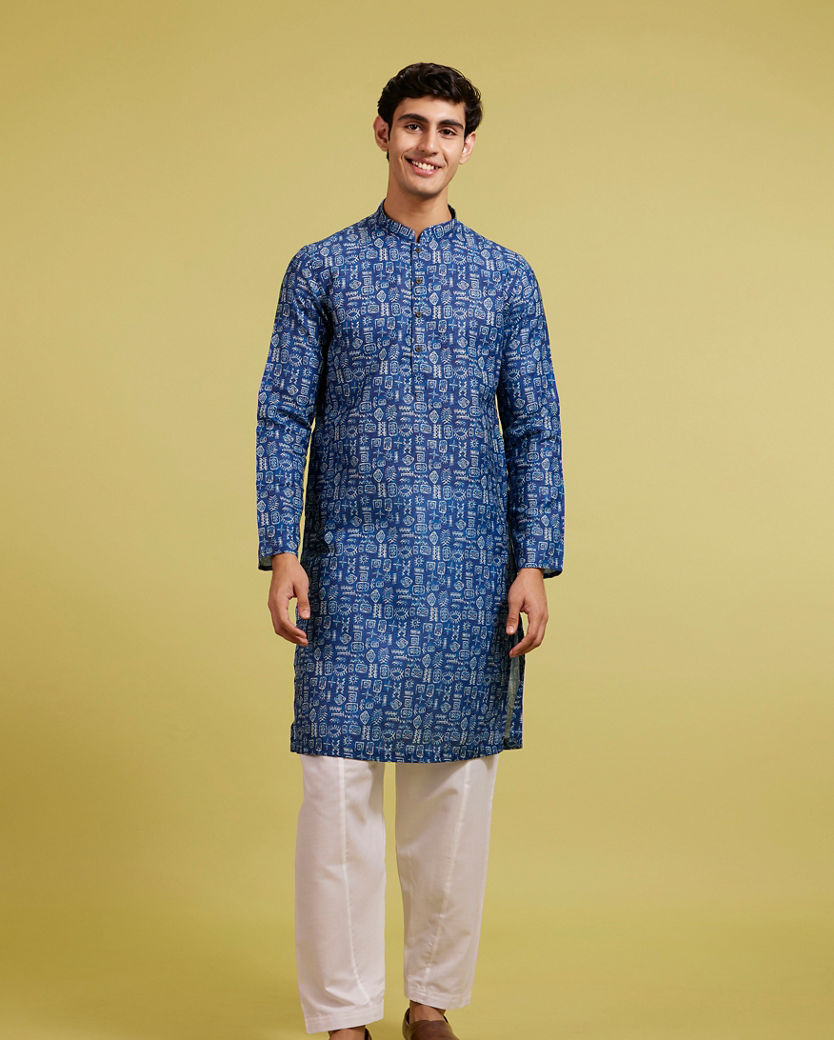 Diwas Men Air Force Blue Aztec Print Kurta