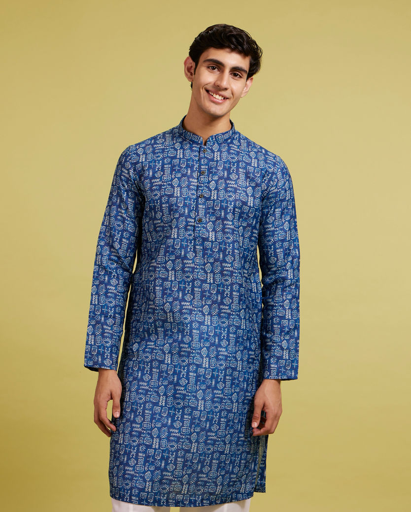 Diwas Men Air Force Blue Aztec Print Kurta