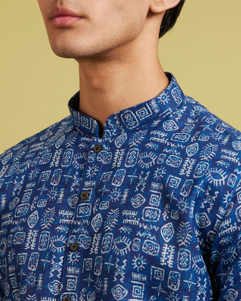 Diwas Men Air Force Blue Aztec Print Kurta