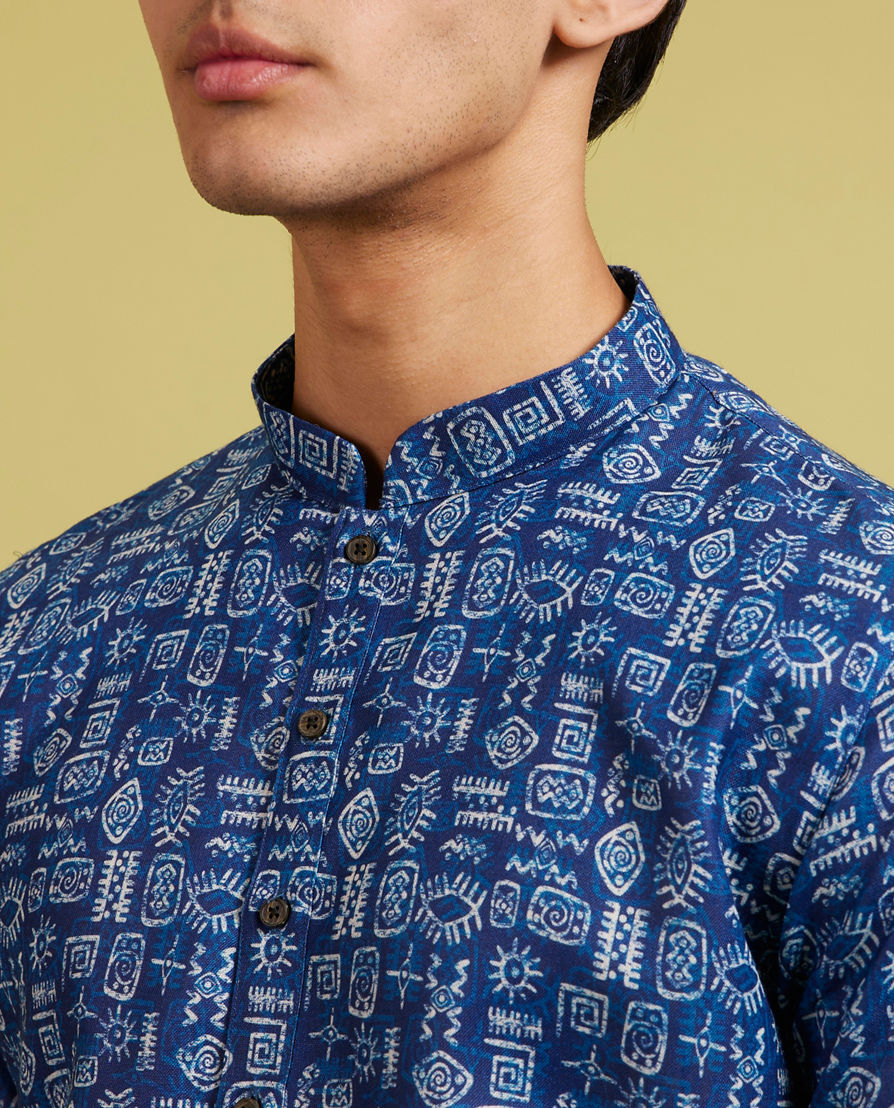 Diwas Men Air Force Blue Aztec Print Kurta