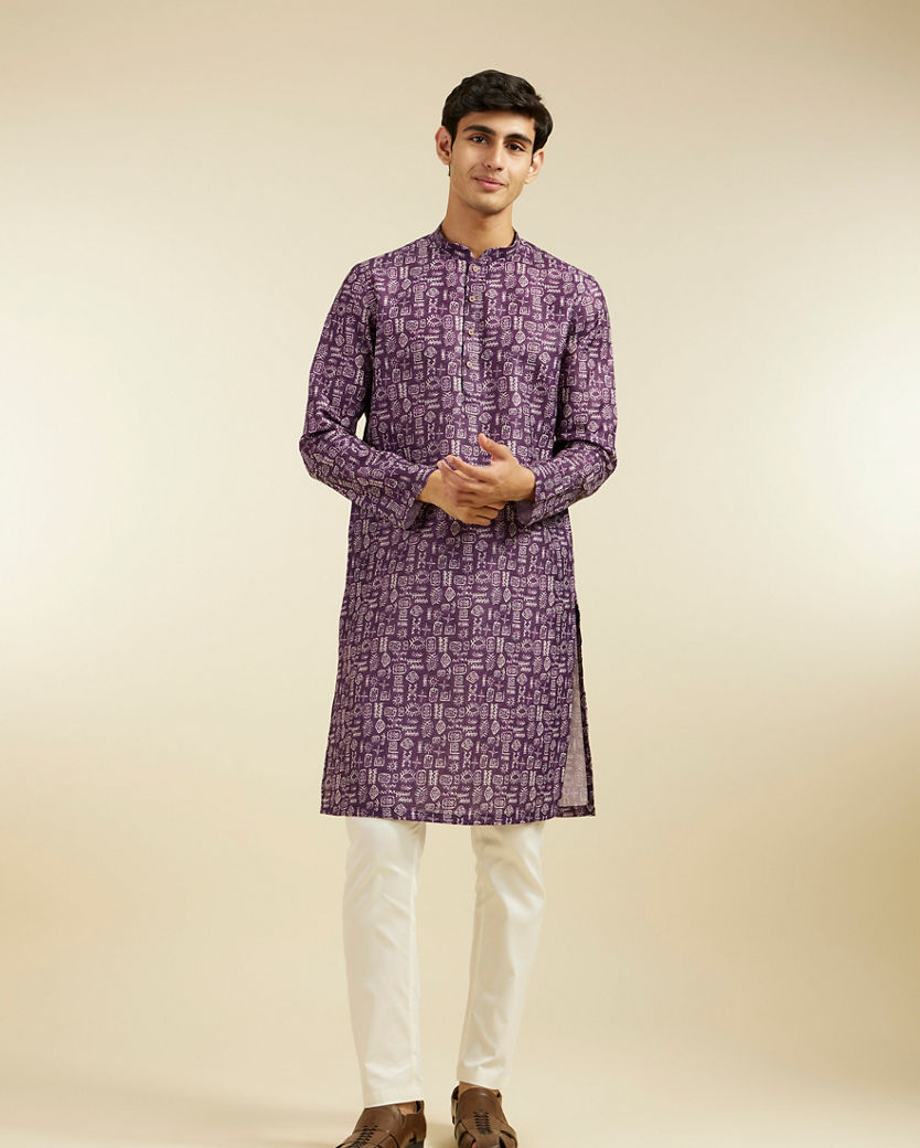 alt message - Diwas Men Royal Purple Aztec Printed Kurta image number 2