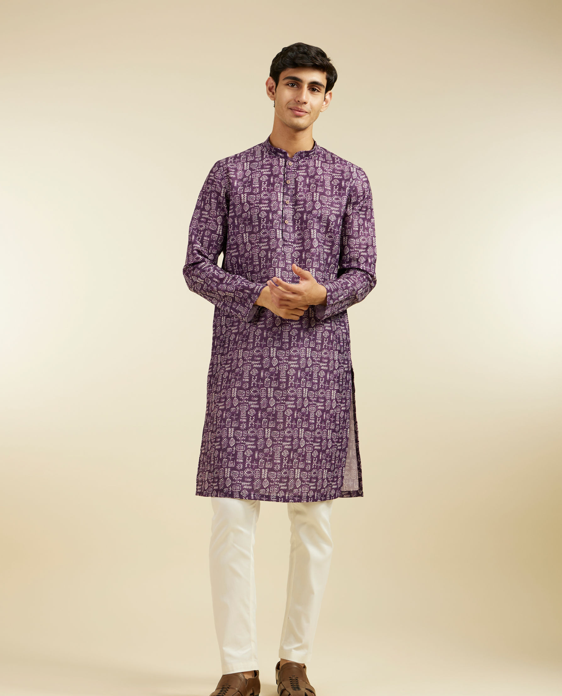 alt message - Diwas Men Royal Purple Aztec Printed Kurta image number 2