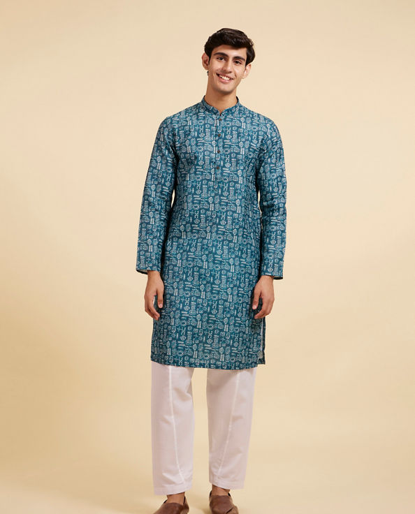 Diwas Men Teal Green Aztec Printed Kurta