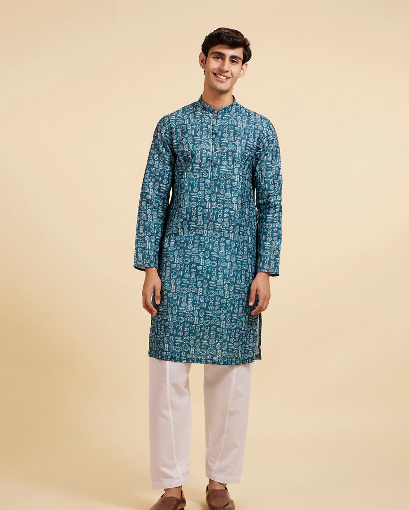 Diwas Men Teal Green Aztec Printed Kurta