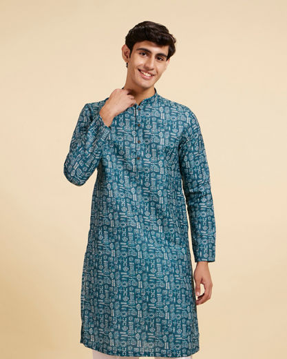 Diwas Men Teal Green Aztec Printed Kurta