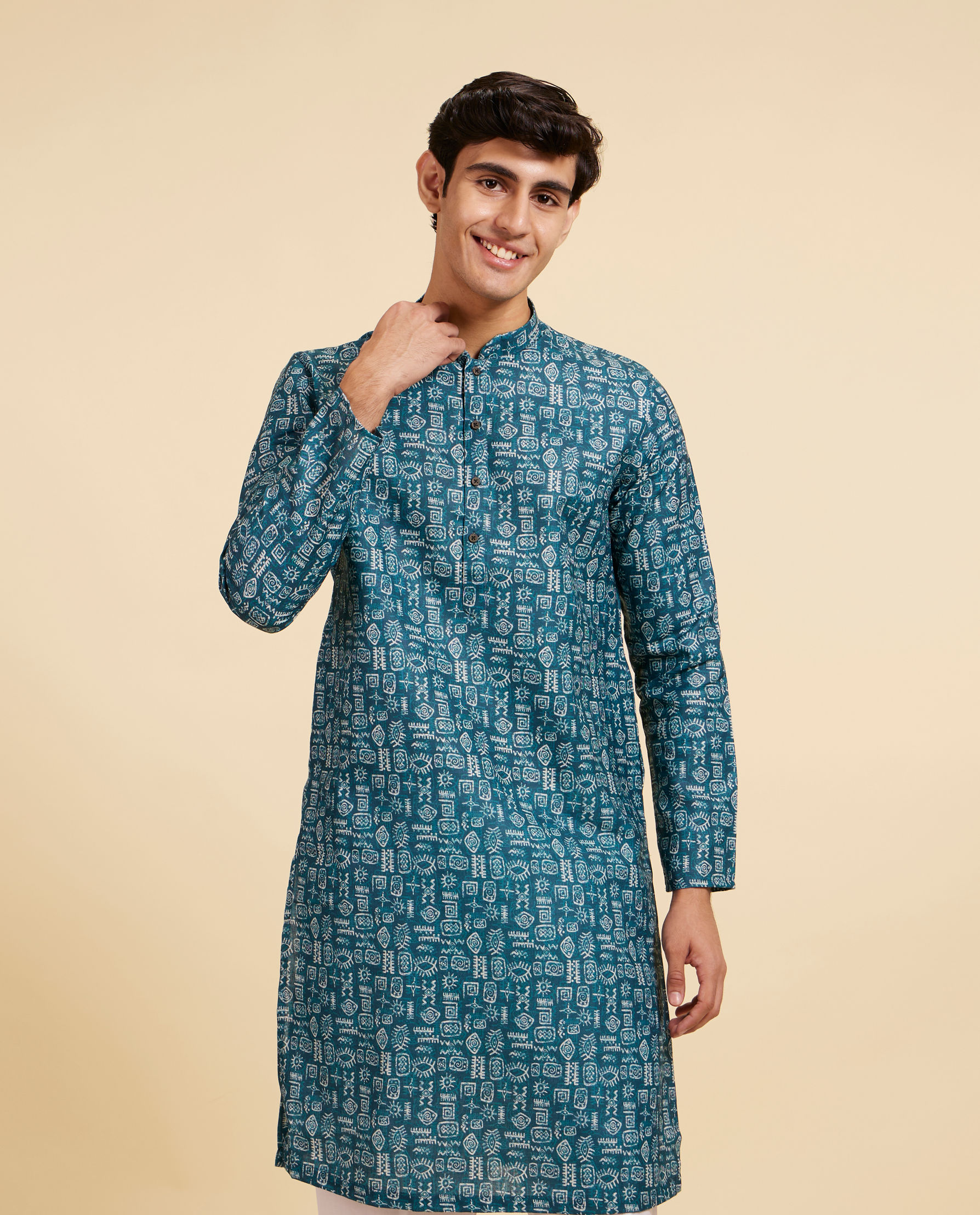 Diwas Men Teal Green Aztec Printed Kurta