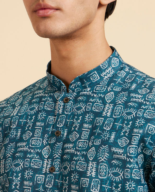 Diwas Men Teal Green Aztec Printed Kurta