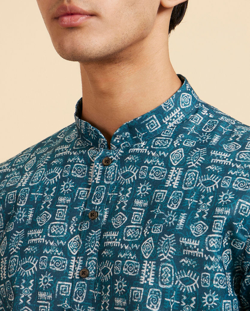 Diwas Men Teal Green Aztec Printed Kurta