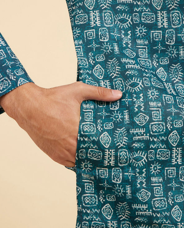 Diwas Men Teal Green Aztec Printed Kurta