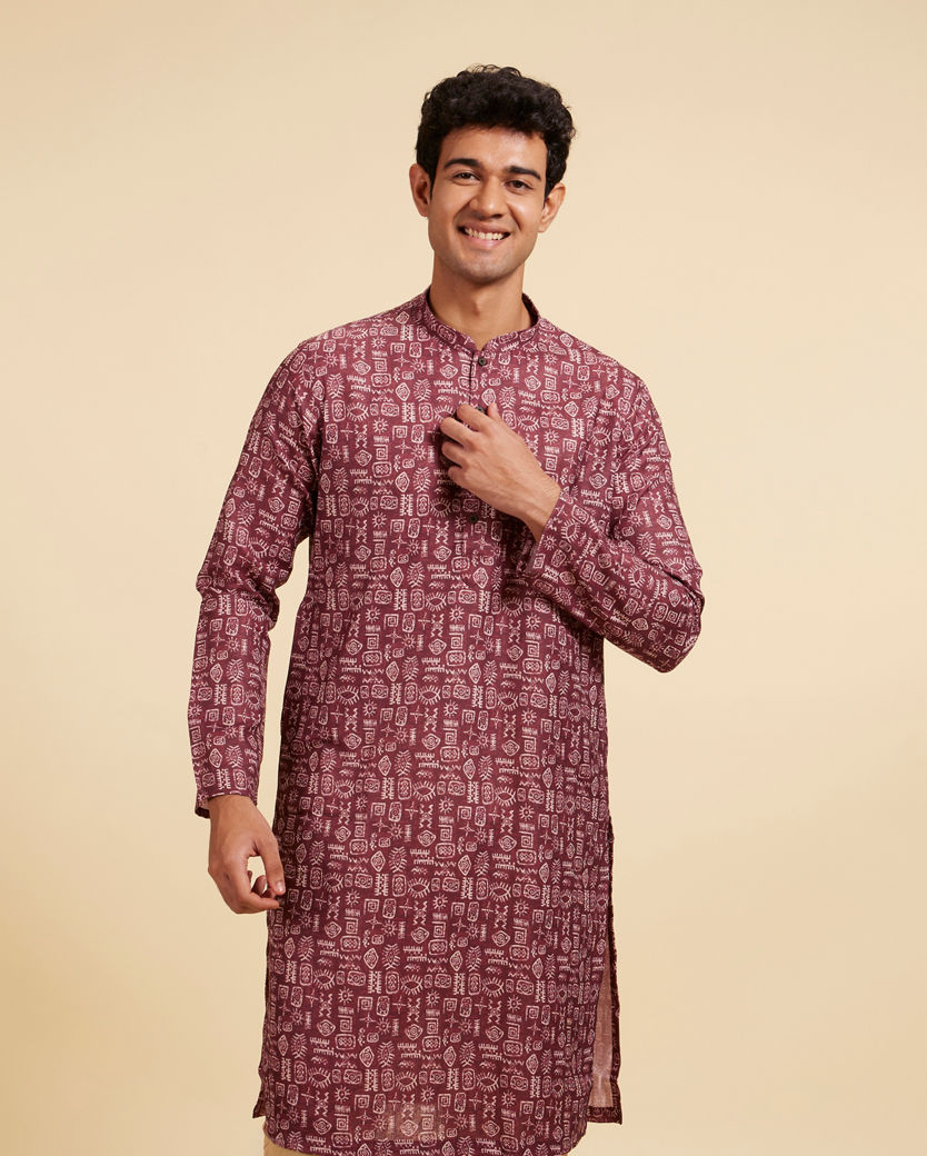 Diwas Men Mahogany Brown Aztec Print Kurta