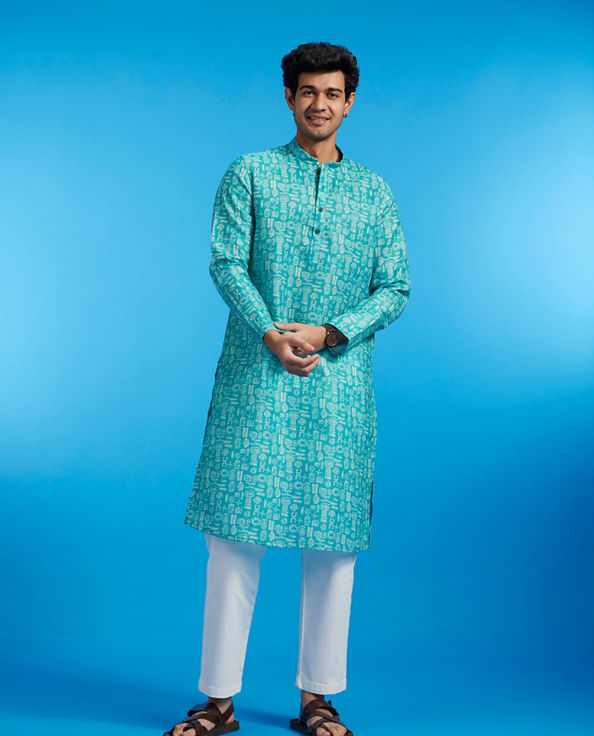 Diwas Men Turquoise Blue Aztec Print Kurta