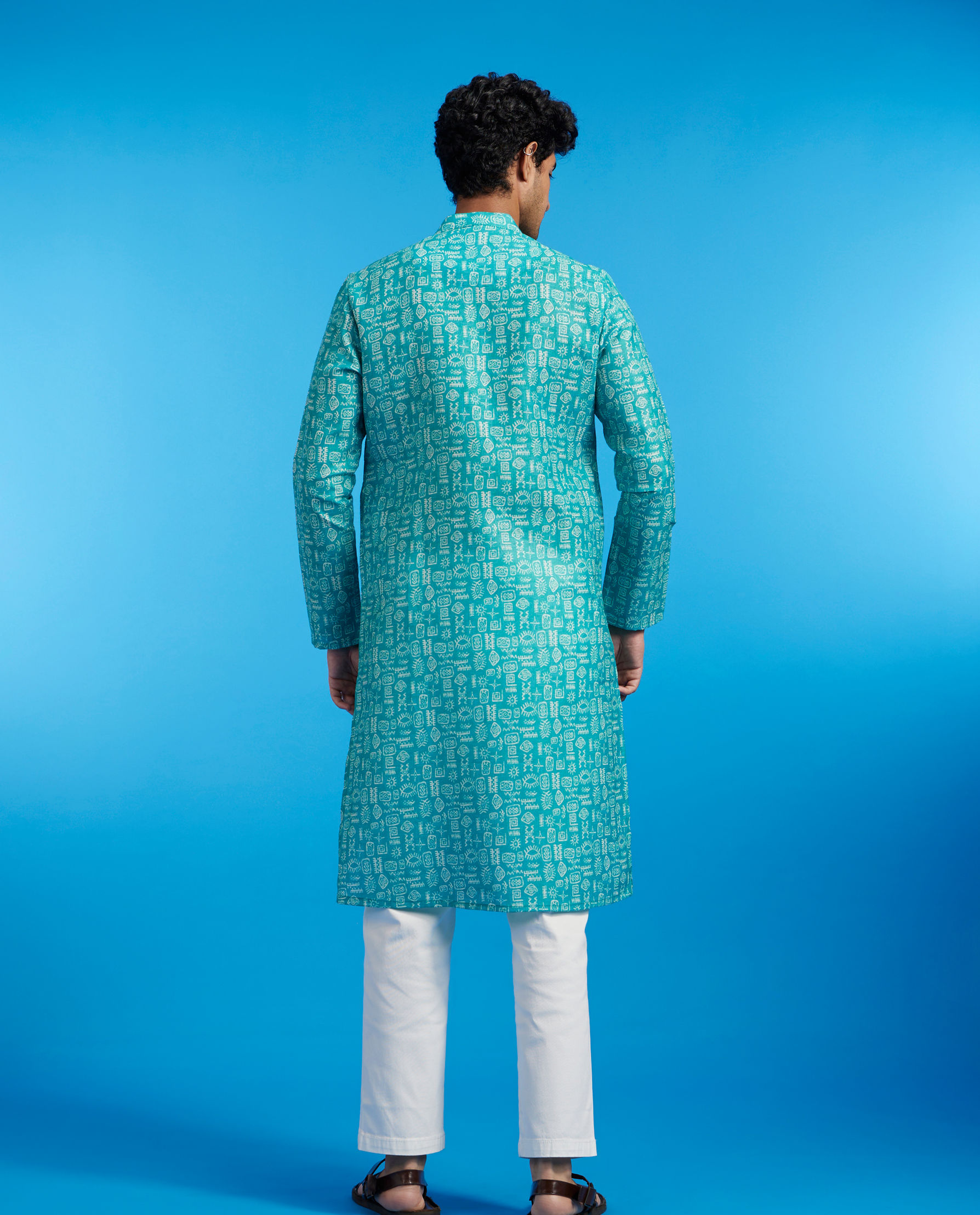 Diwas Men Turquoise Blue Aztec Print Kurta