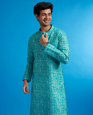 Diwas Men Turquoise Blue Aztec Print Kurta