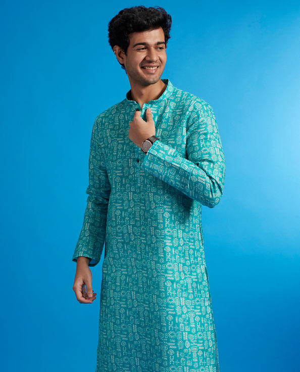 Diwas Men Turquoise Blue Aztec Print Kurta