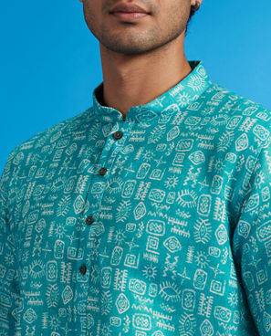 Diwas Men Turquoise Blue Aztec Print Kurta