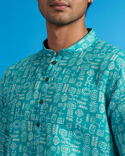 Diwas Men Turquoise Blue Aztec Print Kurta